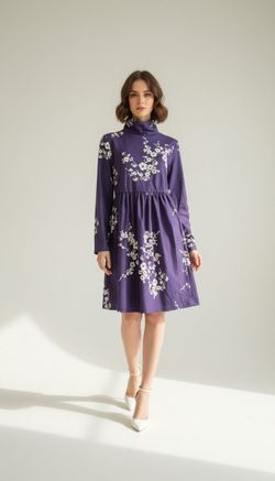 Purple Floral Turtleneck Midi Dress