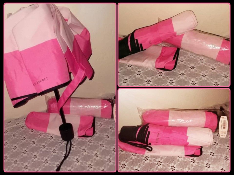 NEW WITH TAGS VICTORIA'S SECRET PINK LOGO STRIPE FOLDING COLLAPSIBLE UMBRELLA W/ STORAGE CASE