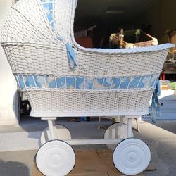 Vintage 1940s'ish Baby Wicker Bassinet With Moon And Clouds Covering