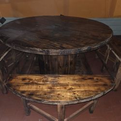 Massive Antique Oak Round Table with 4 Seats & Foitraul 