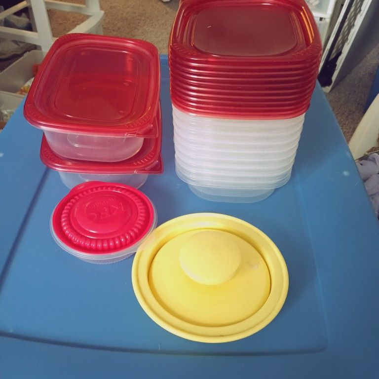 2 Oblong Containers And 9 Smaller Ones  And 1 Round One, And Hamburger Press