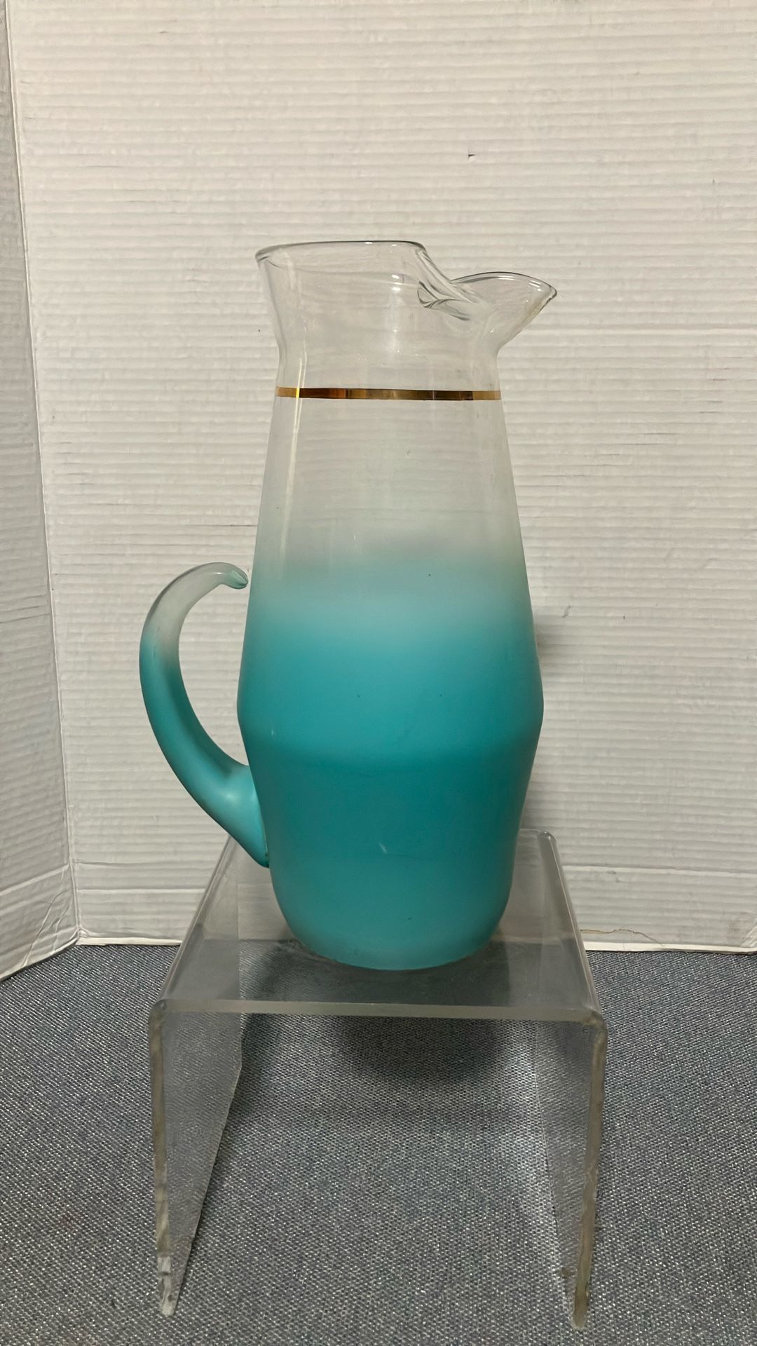 Vintage Blendo Frosted Glass Pitcher Turquoise Midcentury Pitcher/Barware 11.5”