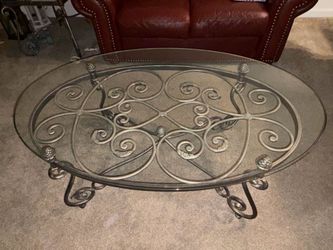 Elegant Oval Glass & Wrought Iron Coffee Table