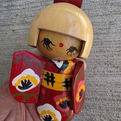 Vintage Japanese Creative Kokeshi Doll Signed Wooden Red Kimono Mid Century 5”