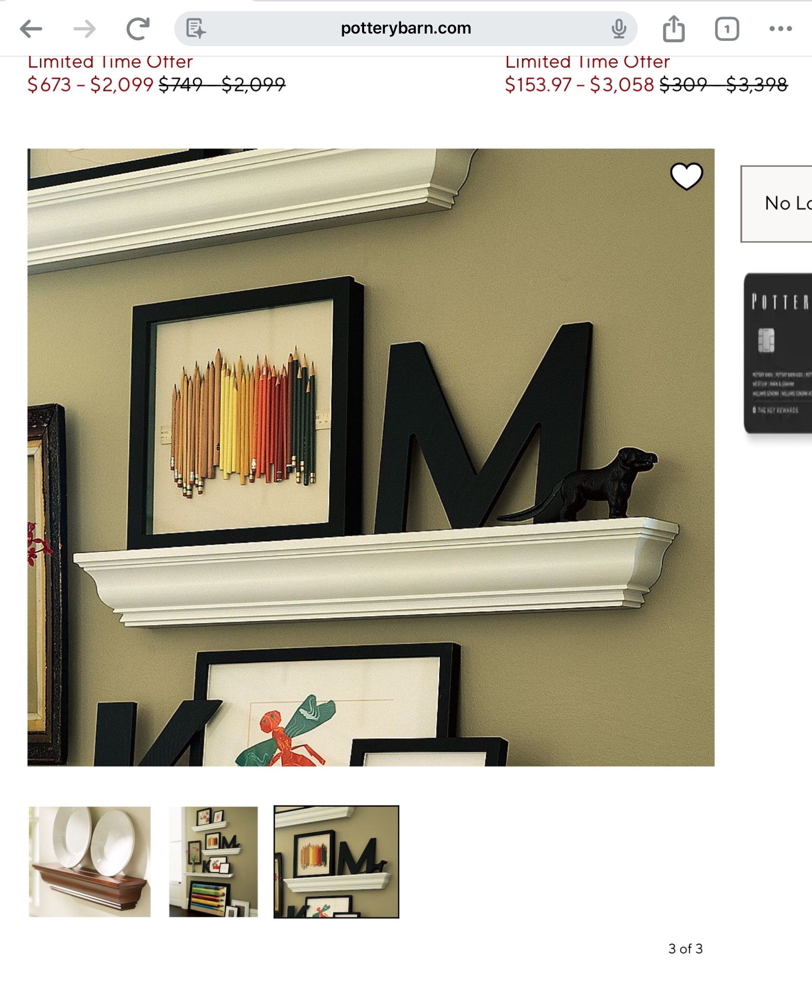 4 white solid wood Pottery Barn floating shelves with crown molding detailing