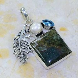 Beautiful! Ocean Jasper, BlueTopaz, Biwa Pearl Pendant 🐚📿💍🐚$25.