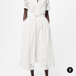 White Zara Dress, New, Medium, ZW Collection Embroidered Shirtdress