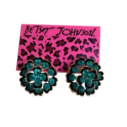 Betsey Johnson Teal Rhinestone Flower Statement Earrings