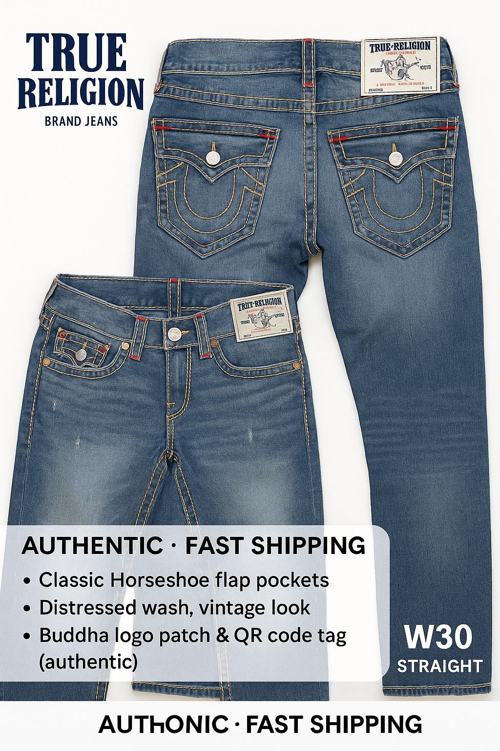 True Religion Men's Jeans W30 · Straight Fit · Distressed Blue Denim