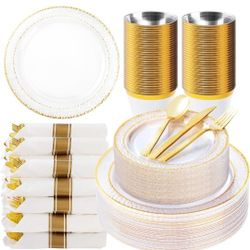 350PCS Clear Plastic Plates with Gold Trim for 50 Guests, Disposable Dinnerware Set for Party & Wedding, Includes 100 Plastic Plates, 50 Pre Rolled Na