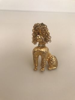 Vintage Poodle Pin Signed R Mandel - Clear Rhinestone Collar, Long Chain Pom Pom Hair, Red Rhinestone Eyes - Vintage 1950s 1960s Dog Brooch