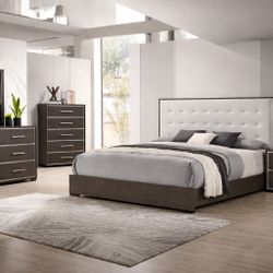 Modern Bedroom Set with Upholstered Headboard – 4PC Set – Multiple Sizes