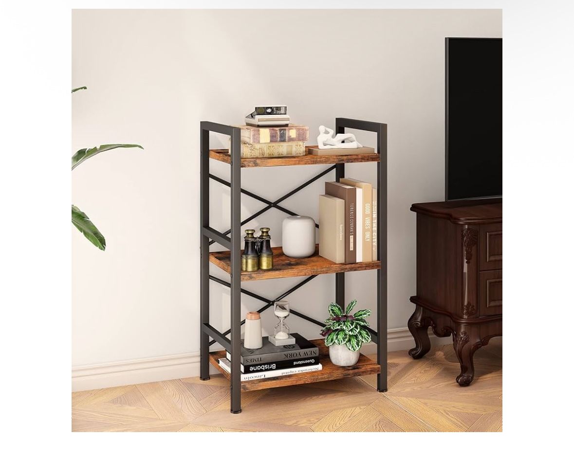 Homeiju Bookshelf, 3 Tier Industrial Bookcase, Metal Small Bookcase, Rustic Etagere Book Shelf Storage Organizer 