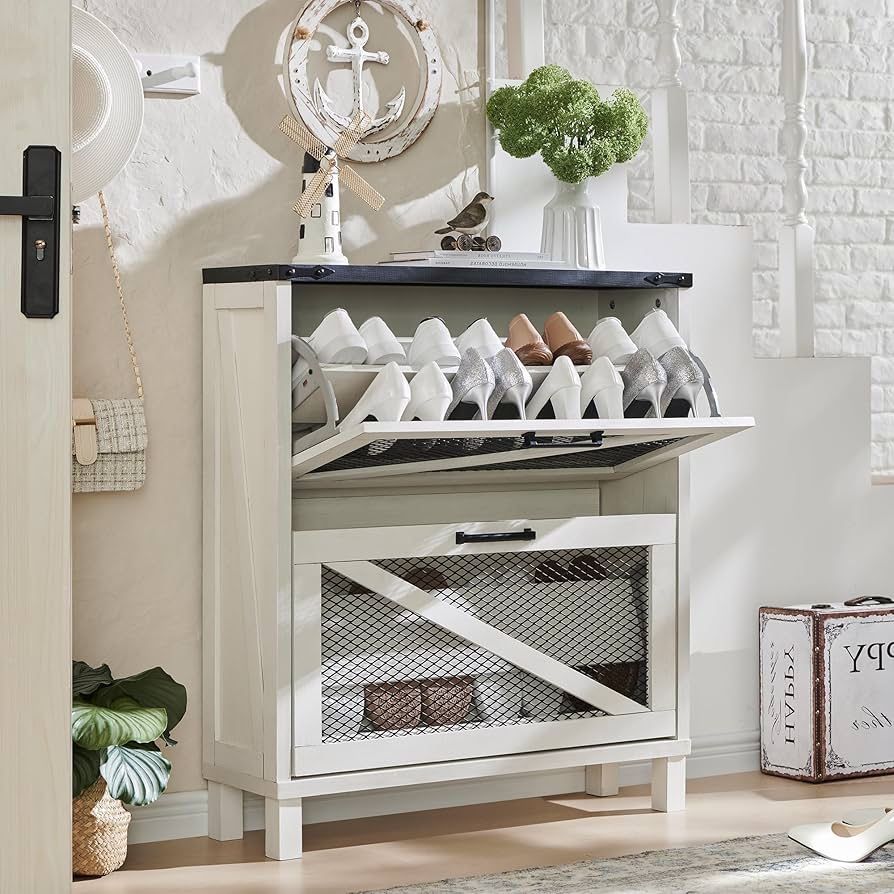 Shoe Cabinet with 2 Flip Drawers, Farmhouse Shoe Storage Cabinet with Mesh Doors and Adjustable Shelves, Rustic Wooden Shoe Organizer, Small Shoe Cabi