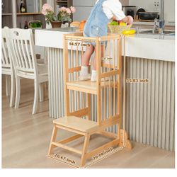 Toddler Tower, Kids Kitchen Step Stool with Safety Rails, Toddler Standing Tower Adjustable Height, Wooden Kitchen Stool