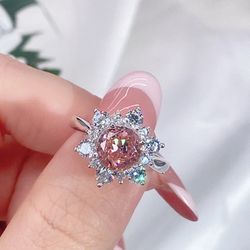 Silver Size 7 Pink Peach Padparadscha Cubic Zirconia Flower Halo Ring 