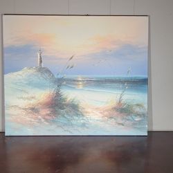Vintage Signed D. Vander Oil on Canvas Coastal Lighthouse Sunset - Serene Beach Dunes with Seagulls and Sea Oats, Mid-20th Century Folk Art