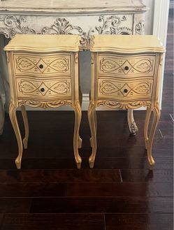 French Provincial Carved Wood Nightstands – Set of 2