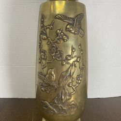 Antique Japanese Brass Vase Features Raised And Etched Design Of Birds And Flowers 