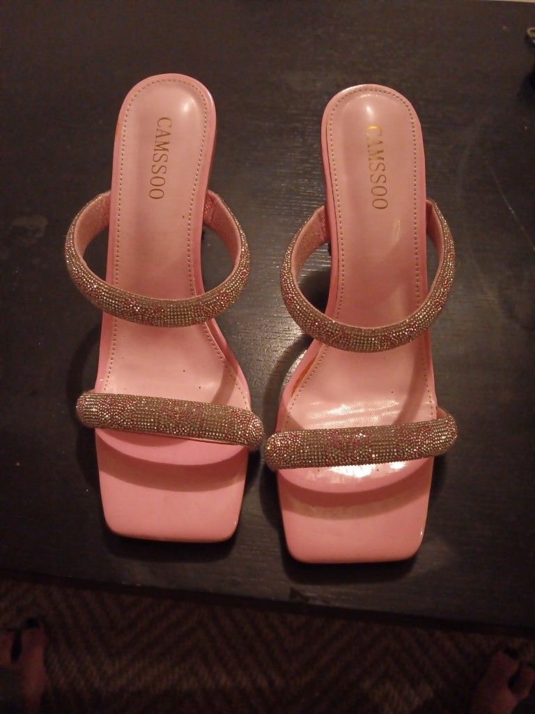Camssoo Rhinestone Baby Pink  Bow Tie Heels