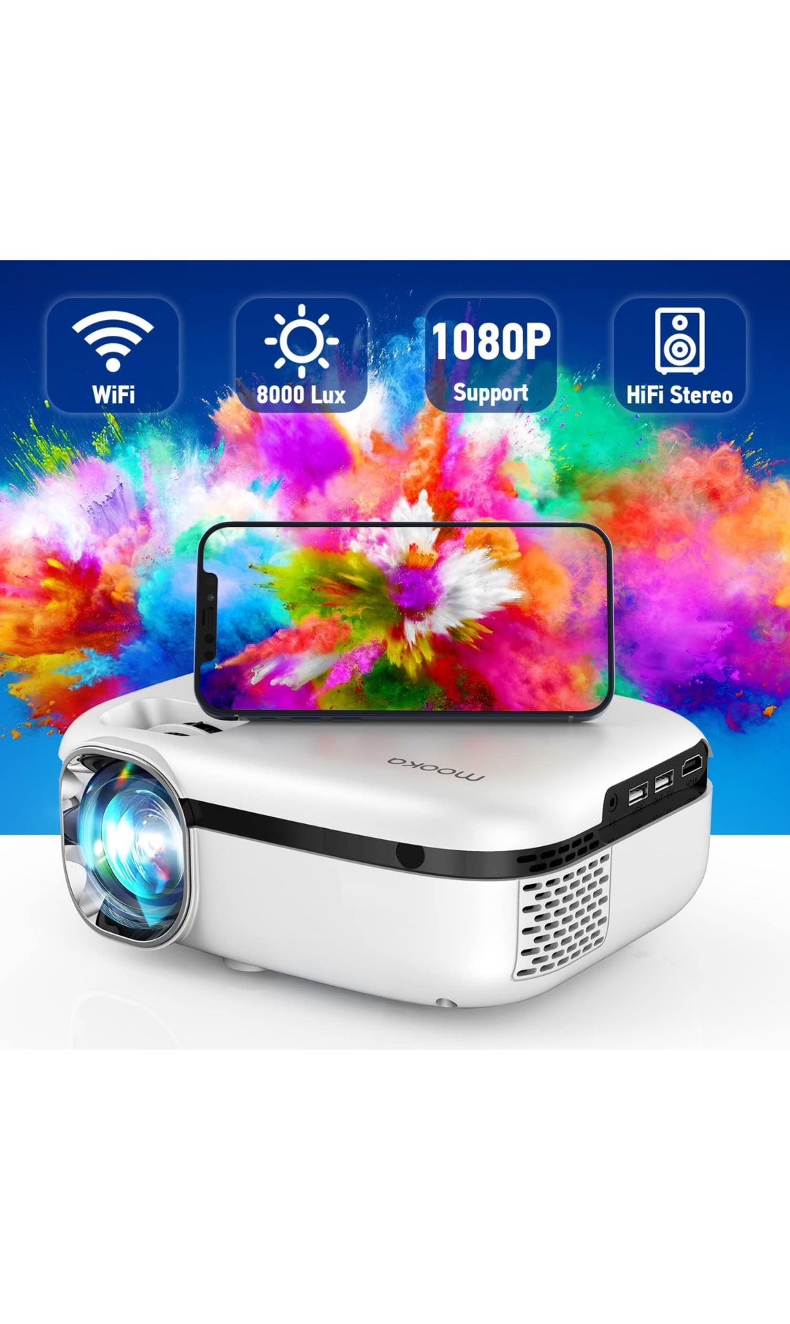 MOOKA WiFi Movie Projector, Portable Outdoor Projector 8000L Support 1080P, Mini Smart Phone Projector for iPhone,Video Projectors with Carrying Bag f