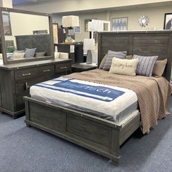 Queen Gray Bedroom Set ( Queen Bed Frame , Dresser , Mirror And One Nightstand ) 