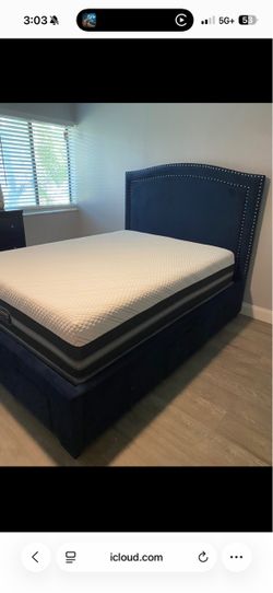 Navy Blue Upholstered Bed Frame with Nailhead Trim