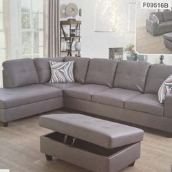 Grey Leather Sectional Couch And Ottoman 
