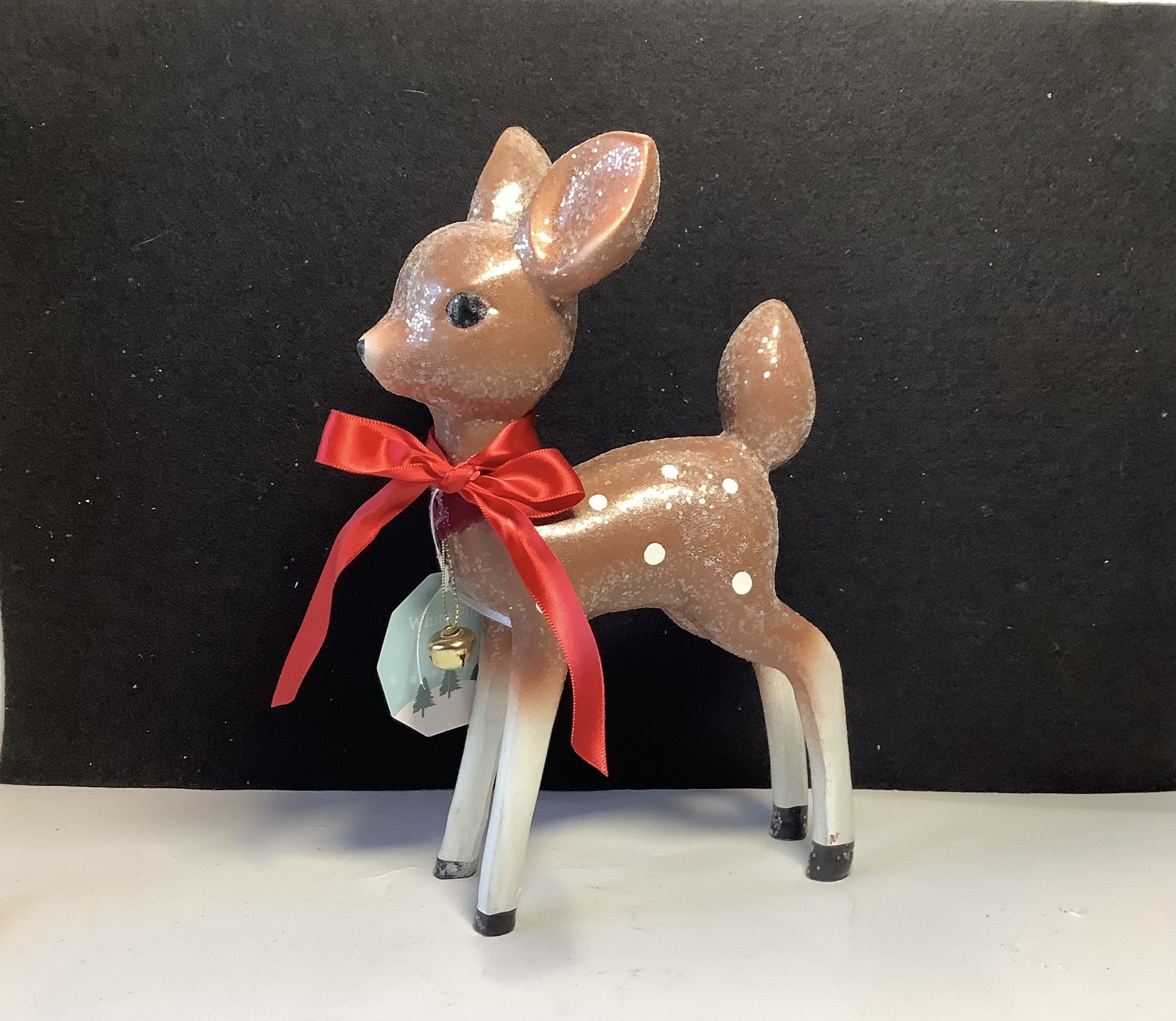 Deer Reindeer Figurine Poss. Vntg 9 1/2” Brown Spotted with Glitter & Bell EUC
