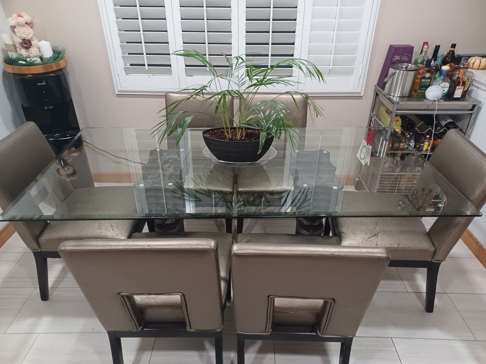 Nice Dining Glass Table With Pedestals And Chairs