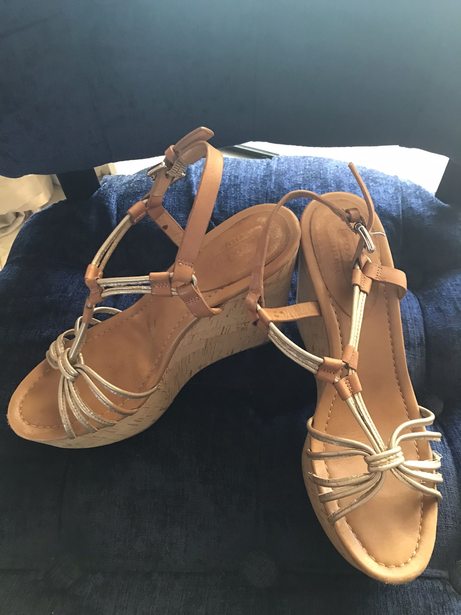 COACH Metallic Leather Strappy Wedge Shoe