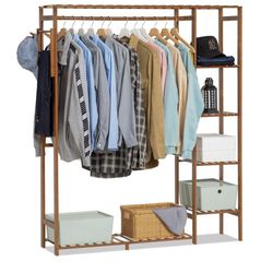Bamboo Clothes Rack, 6 Tier Garment Clothing Storage Shelving with Pants Scarves Racks and a Hanging Rob for Bedroom Living Room, Brown