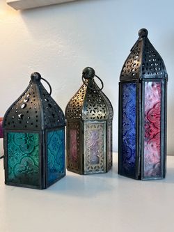 Moroccan Style Colored Glass Lanterns – Set of 3