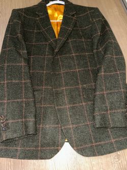 Charles Tyrwhitt 46R Green Windowpane Wool Sport Coat Blazer Gold Lining 46 Regular