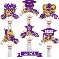 Crtiin 32 Pcs Graduation Party Decorations Graduation Centerpiece Sticks Purple