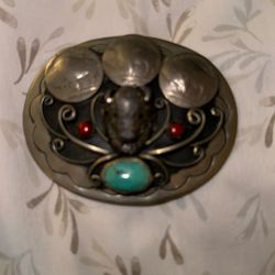 Belt Buckle Turquoise And Coral Gems Native American Jewelry 
