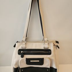 Stone Mountain Black & Ivory Pebbled Faux Leather Organizer Handbag Satchel New