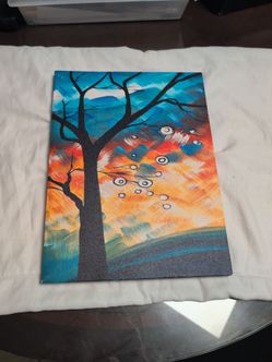 This is a colorful "Tree of Life" abstract canvas art print featuring textured nature landscapes.