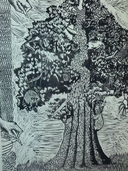 Black and White Forest Animals Woodblock Print
