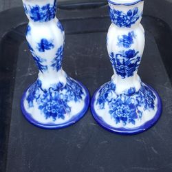  2 Vintage Chinese Export Delft Blue Rose White China Candle Stick Holders 4E