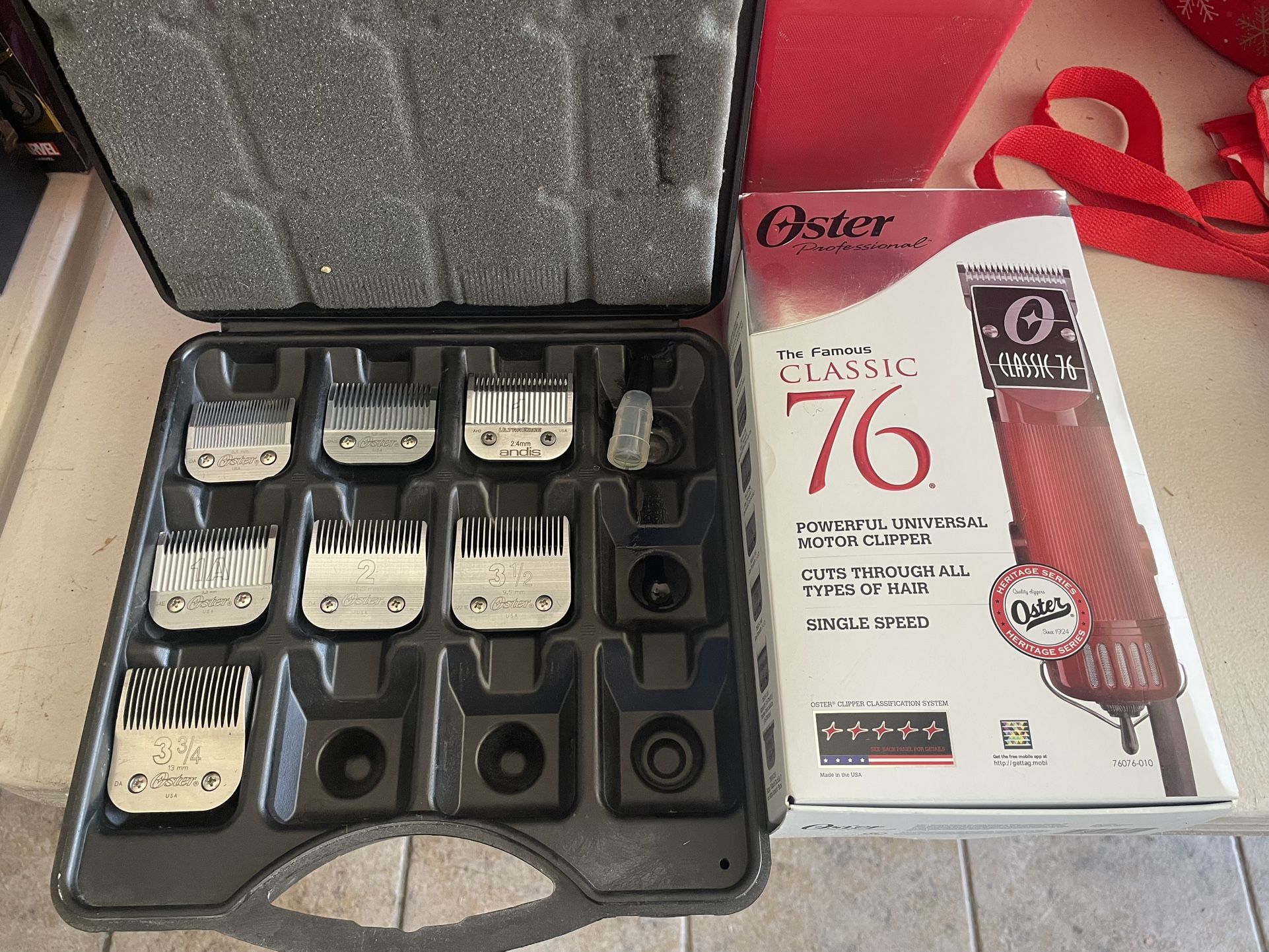 Oster Professional Barber Clippers classic 76 with 7 Andis Blade attachments in case