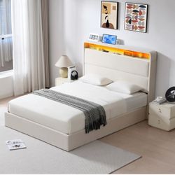 Cream Queen Platform Bed Frame with storage, LED and charge ports