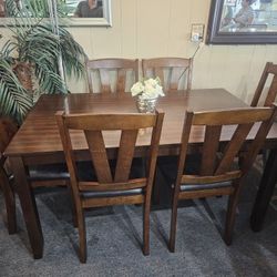 Brand New Brown Dining Table (60"×42"×30"H) + 6 Brown Faux Leather Chairs