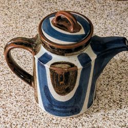Art Pottery Teapot Heavy Abstract Blue Brown White 6Lx8w inches  