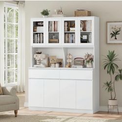 New White Pantry Cabinet / Coffee Bar Hutch – Glass Doors, Drawers, Adjustable Shelves