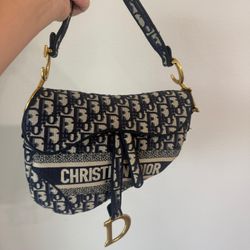Auth DIOR Saddle Bag Navy Cream Jacquard Leather Handbag with extra strap