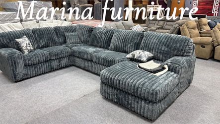 Large Gray Ribbed Fabric Sectional Sofa