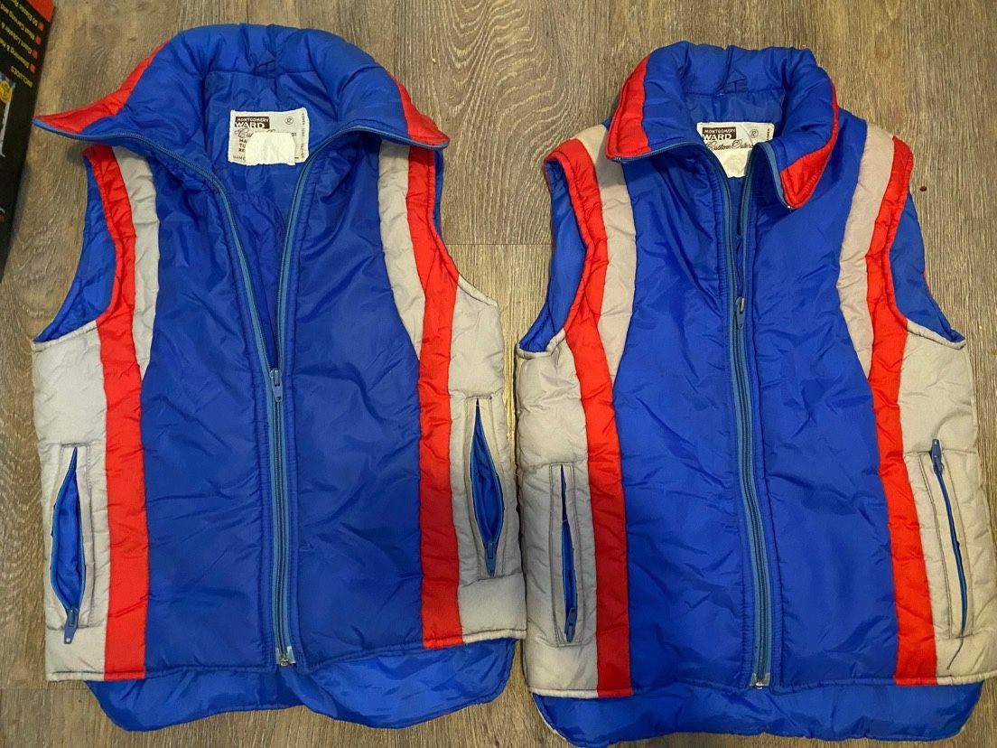 Two Unisex Vintage Montgomery Ward Nylon Puffer Vests (Adult Small/Child Large)