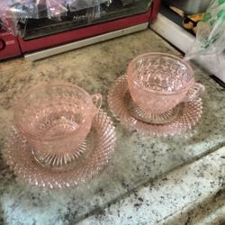2 Tea Cup/Saucer Pink Depression Glass Sets - Jeanette/Anchor Hocking