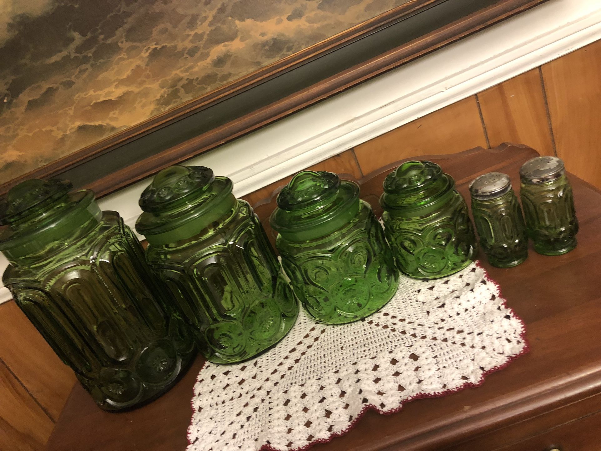 Vintage 1940’s LE Smith Moon and Stars Green Glass Canister Set 6pcs.